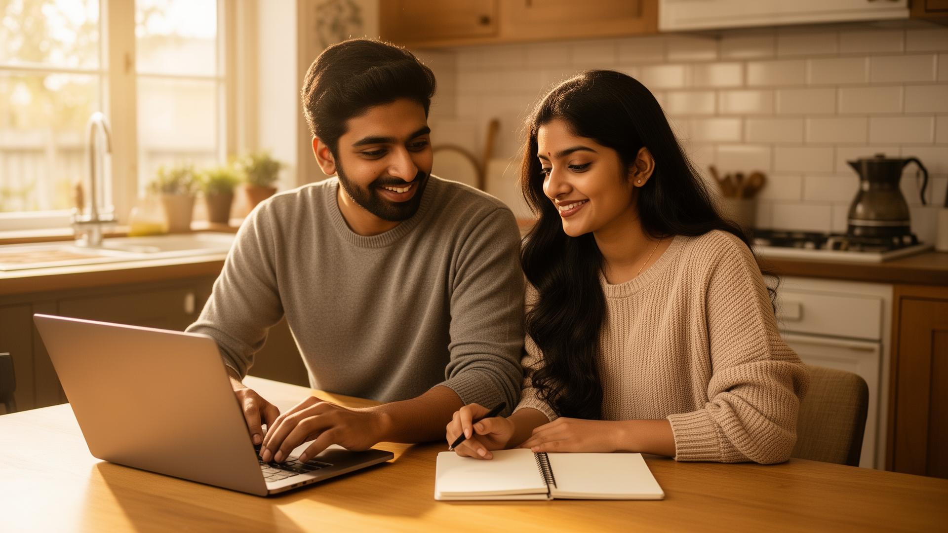 Family discussing finances together