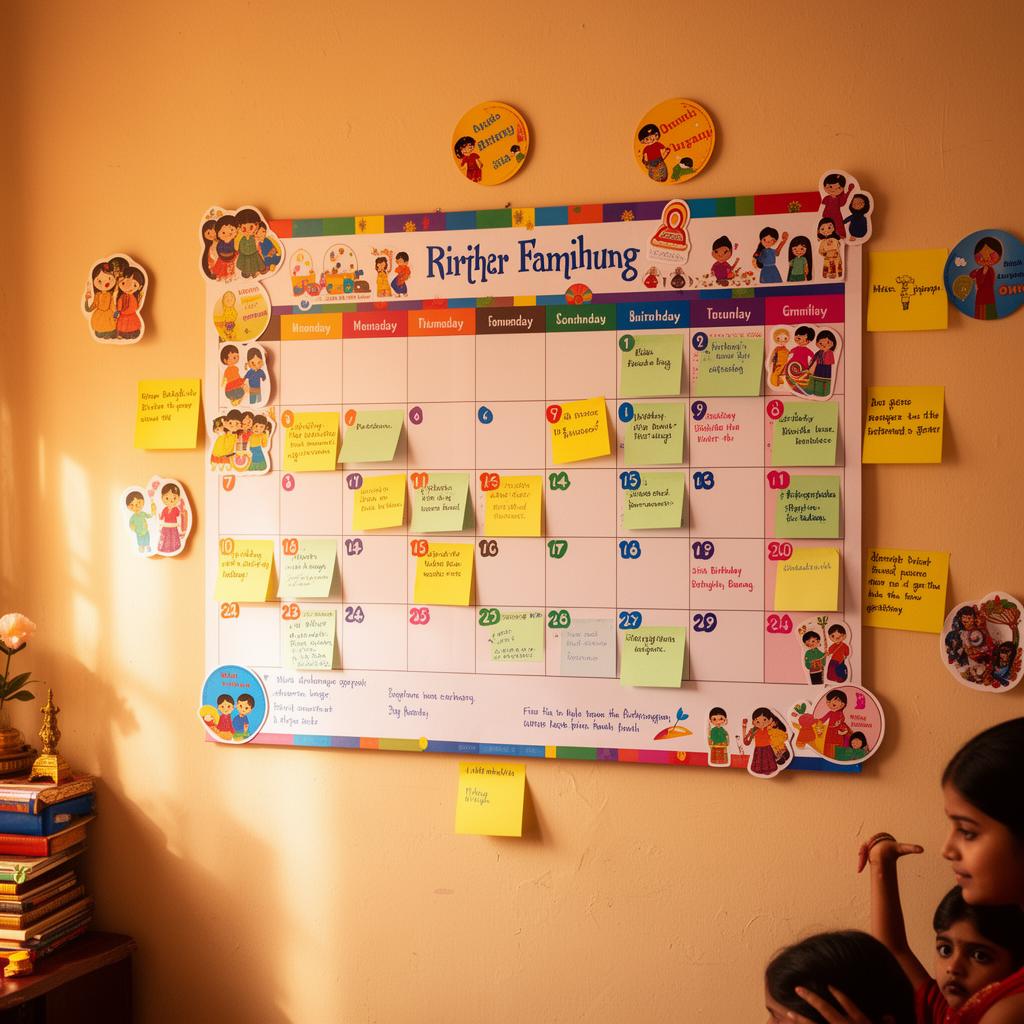 Family calendar with colorful stickers