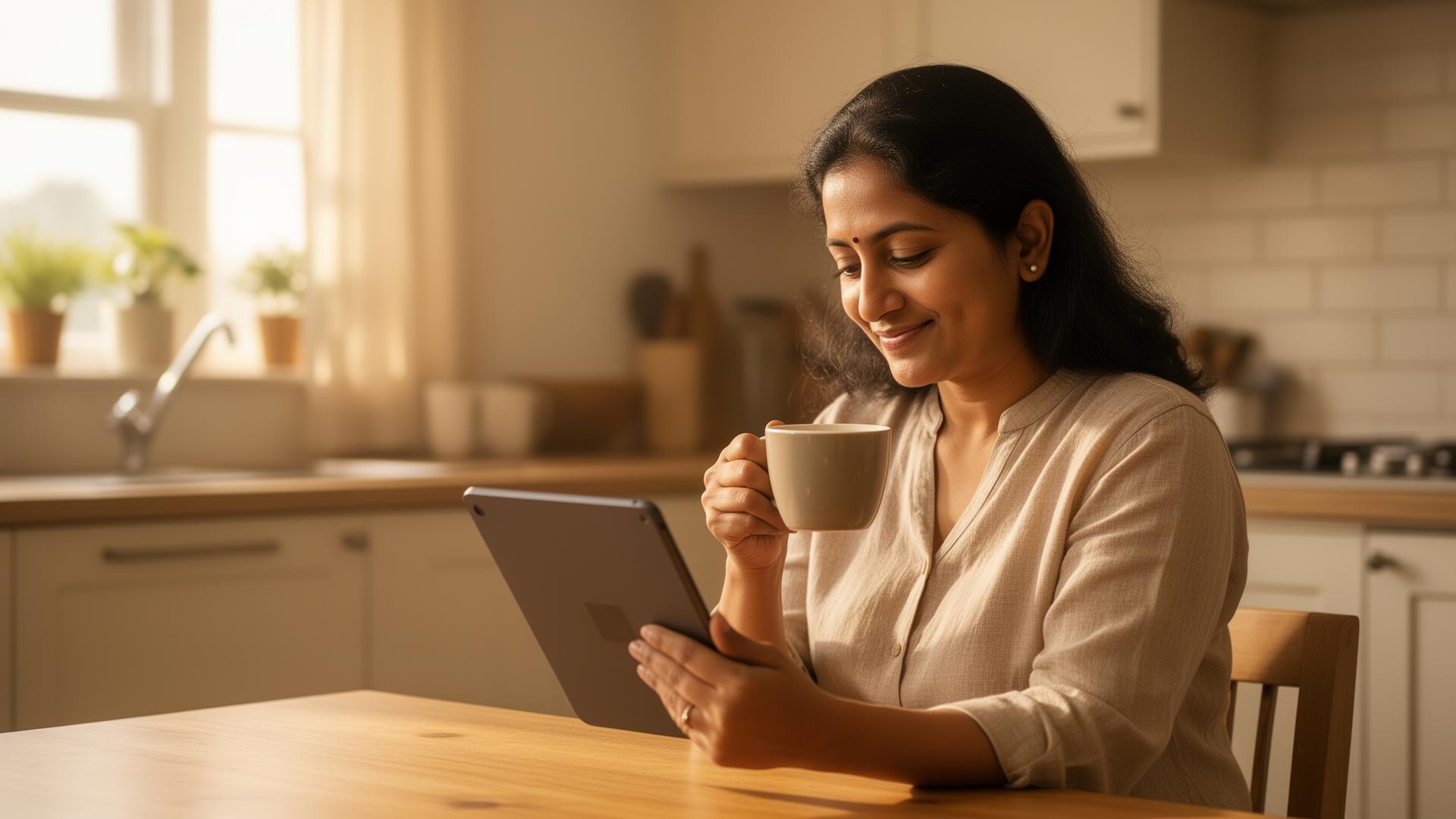 Parent relaxing with coffee and tablet