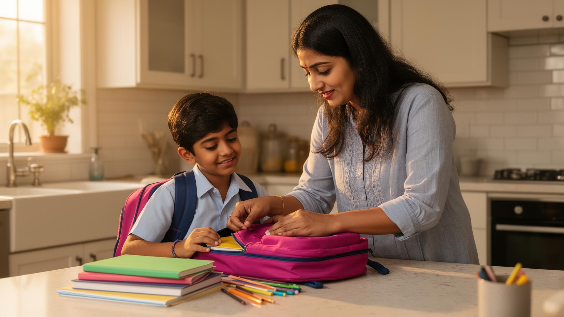 Mother helping child pack school bag