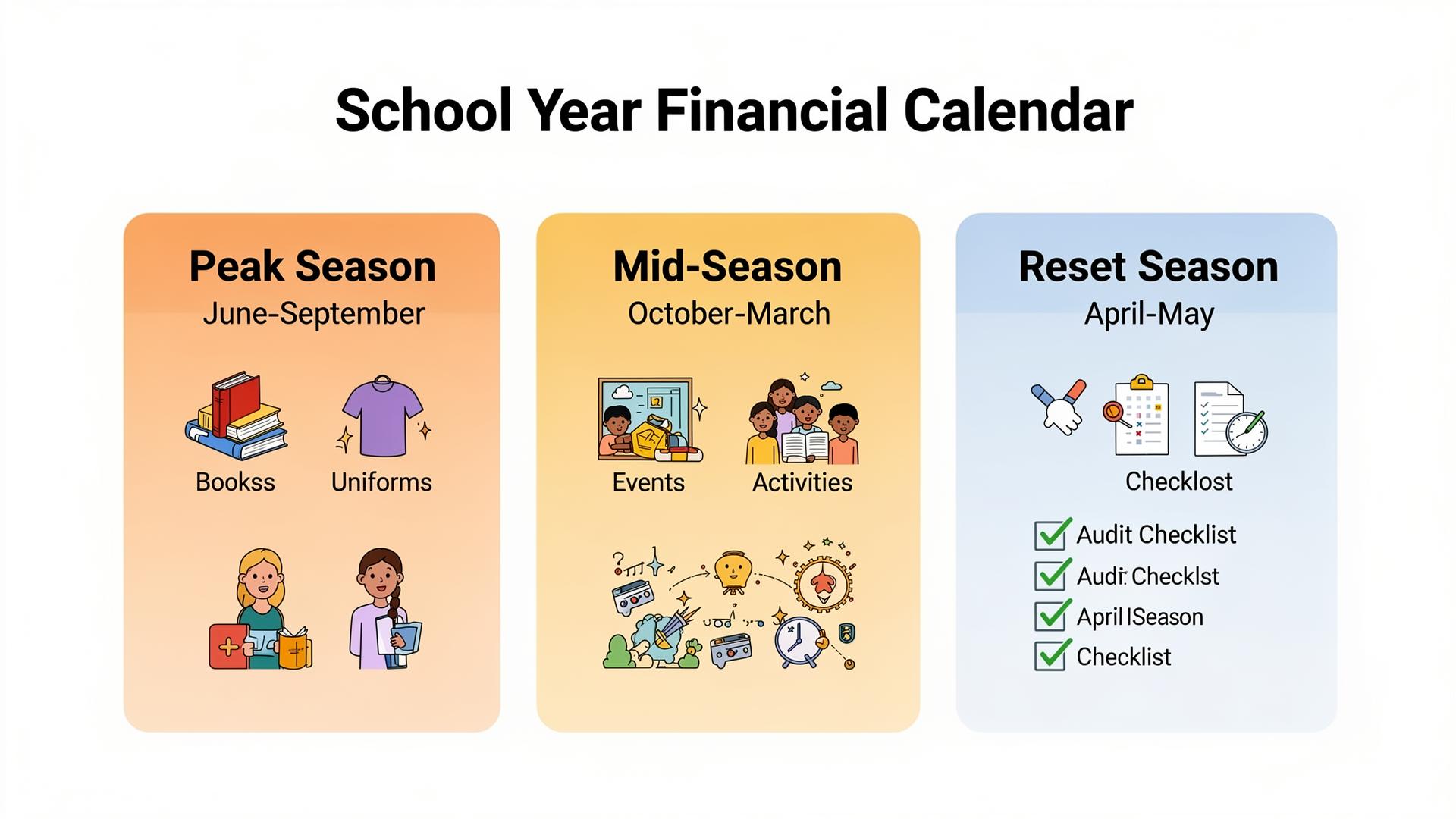 School Year Financial Calendar showing Peak, Mid-Season, and Reset seasons